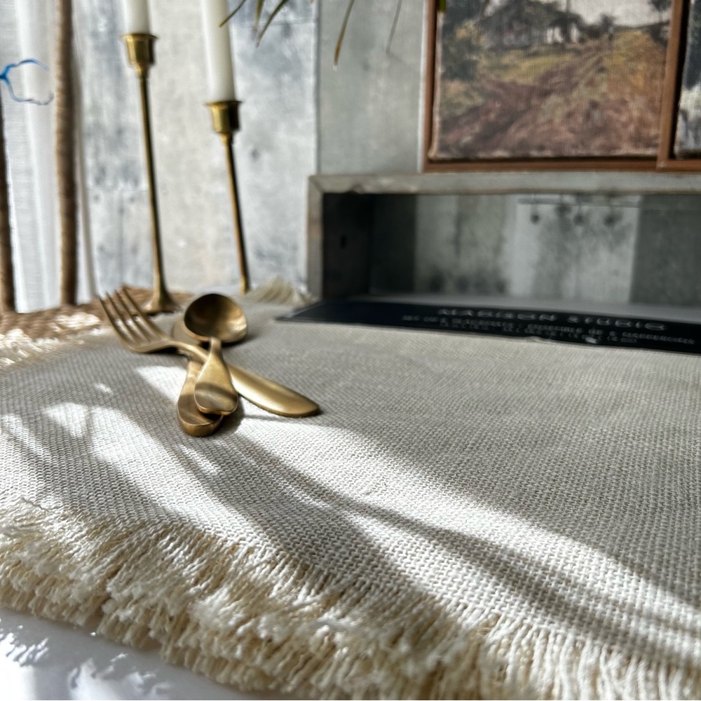 🌴 Natural Burlap Placemats in Bone White | Rectangular with Fringe | Set of 6